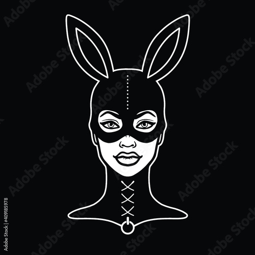 Animation portrait of the beautiful girl in a mask of a rabbit. Template for erotic content. White drawing isolated on a black background. Vector illustration. Print, poster, t-shirt, card, emblem.