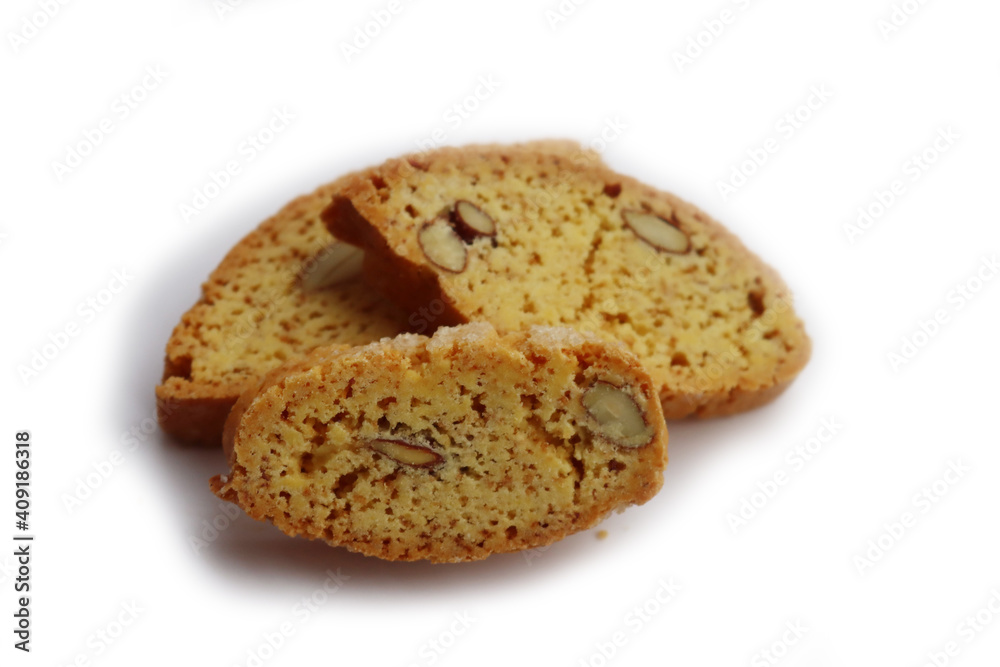 Traditional Italian Cantucci or Cantuccini cookies with almonds isolated on white background