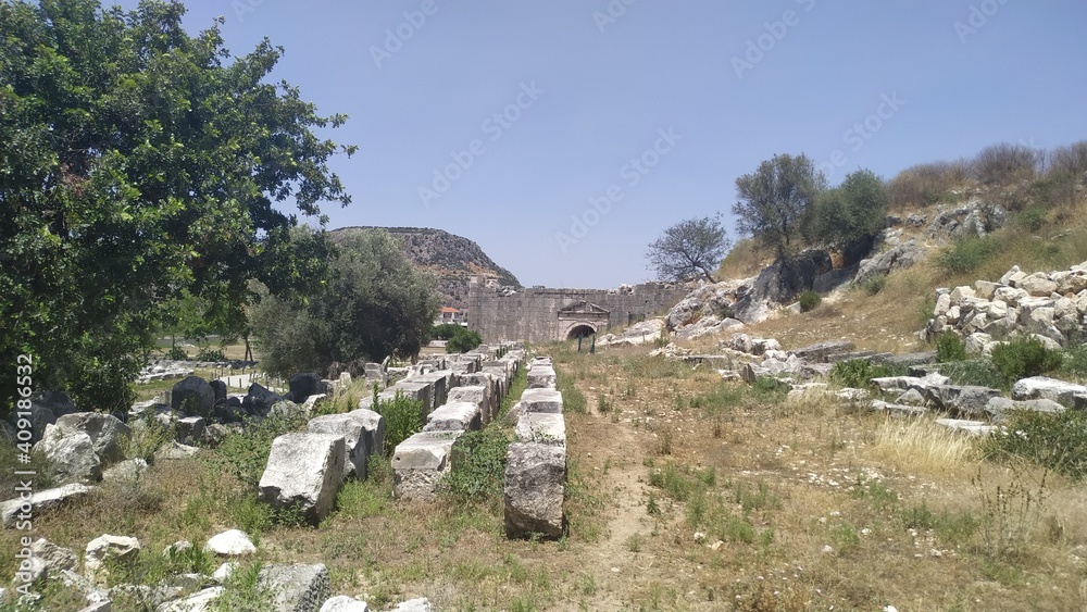 Ruins of Letoon ancient city at location Kumluova, Seydikemer, Mugla, Turkey. Letoon added as a UNESCO World Heritage Site along with Xanthos in 1988.