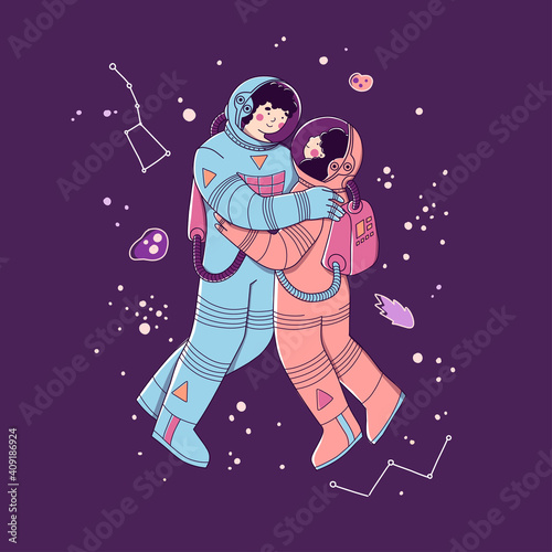 Lovers in space suits, in space. Space tourism, exploration, flight to mars.
