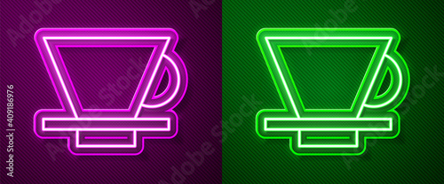 Glowing neon line V60 coffee maker icon isolated on purple and green background. Vector Illustration.