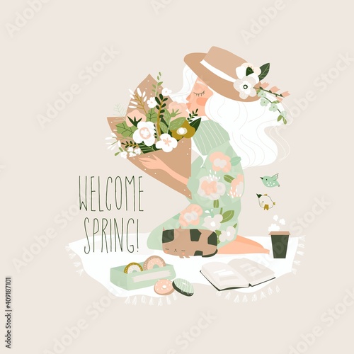 Cartoon beautiful girl holding bouquet of flowers