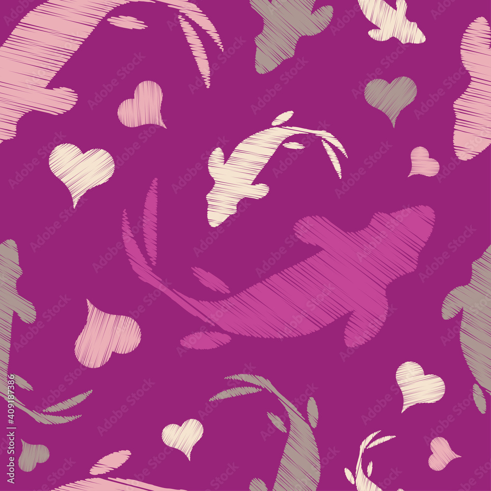 Seamless pattern with hearts and fish in the sea. Valentine's Day. Embroidery on fabric. Boho texture. Vector illustration for web design or print. Seamless pattern with hearts and fish in the sea. Valentine's Day. Embroidery on fabric. Boho texture. Vector illustration for web design or print.