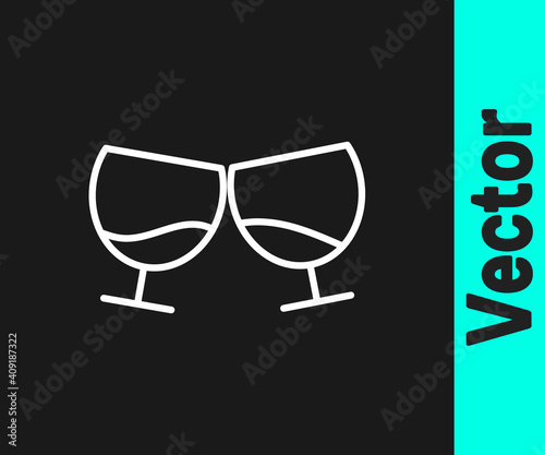 White line Glass of cognac or brandy icon isolated on black background. Vector Illustration.