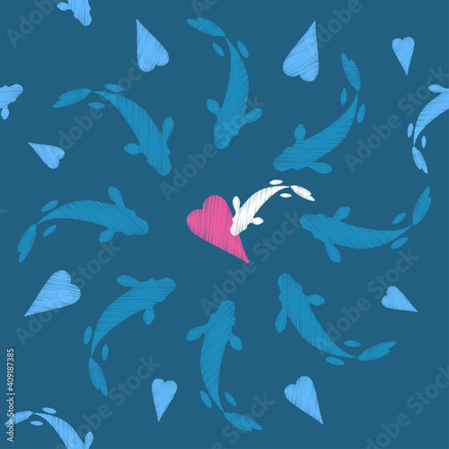 Seamless pattern with hearts and fish in the sea. Valentine's Day. Embroidery on fabric. Boho texture. Vector illustration for web design or print.