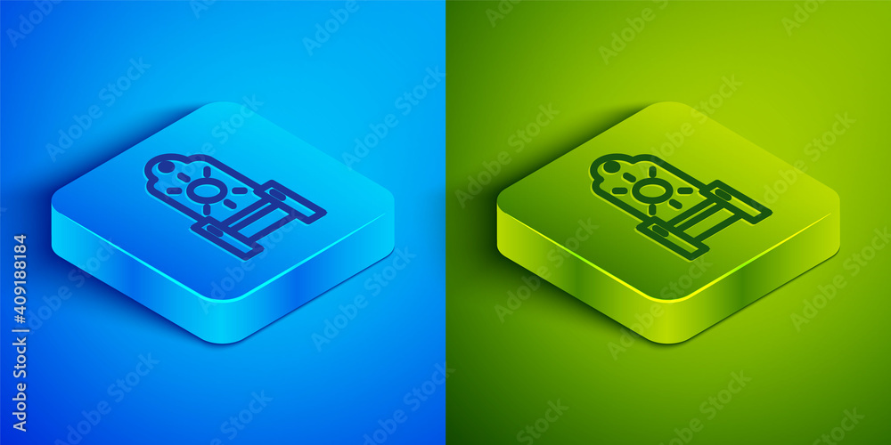 Isometric line Medieval throne icon isolated on blue and green background. Square button. Vector. Isometric line Medieval throne icon isolated on blue and green background. Square button. Vector.