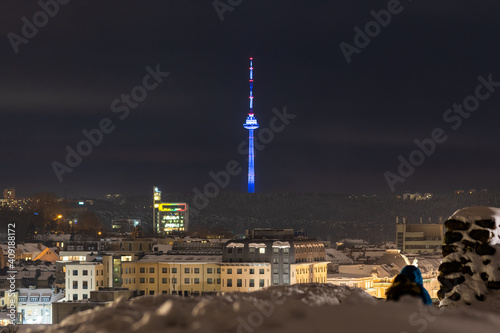 Vilnius city view with TV tower on background in winter with snow,