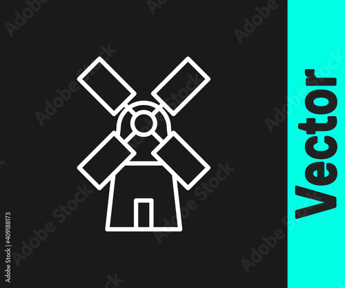 White line Windmill icon isolated on black background. Vector.