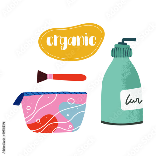 Care cosmetics. A set of different beautiful tubes and bottles with cosmetics. Organic cosmetics. Illustrated hand-drawn graphics. Flat. Natural, Eco, Friendly