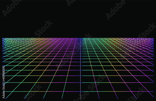 Retrowave and synthwave style background with neon laser grid extending to the horizon.