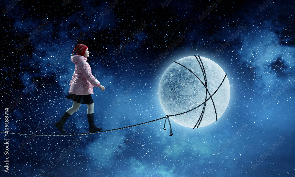 Little girl walking at night alone
