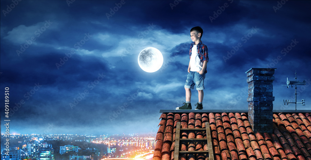 Fototapeta premium Boy on the roof and the moon.