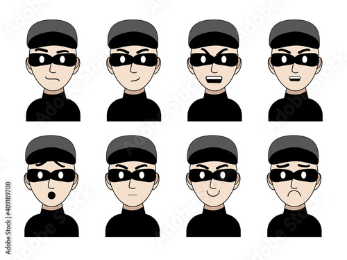 Emotions of a thief character drawn in a cartoon style. joy, cunning, anger, anger, sadness, surprise, contempt, calm. Vector illustration of a portrait of a fraudster with different emotions.