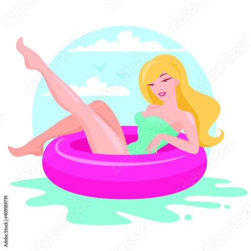 Woman swimming on pink float circle in blue ocean waves. Vector illustration