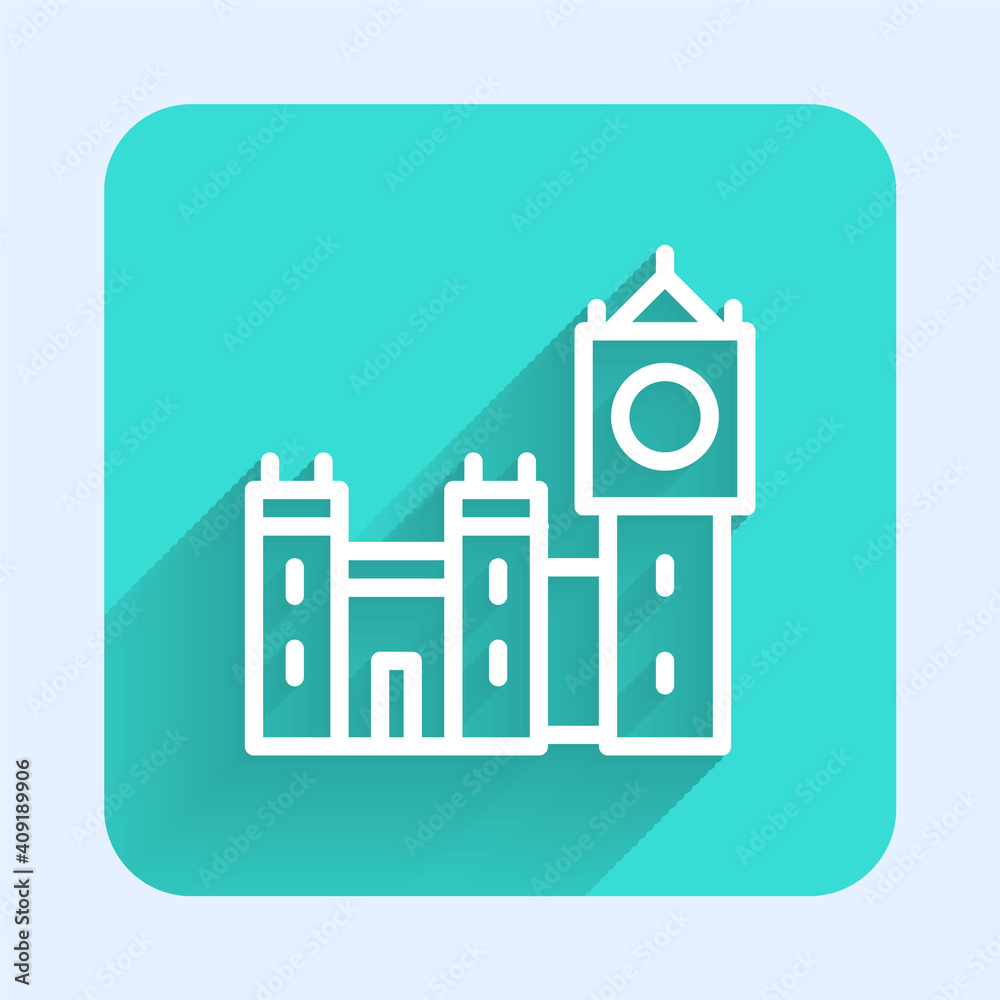 Fototapeta premium White line Big Ben tower icon isolated with long shadow. Symbol of London and United Kingdom. Green square button. Vector.