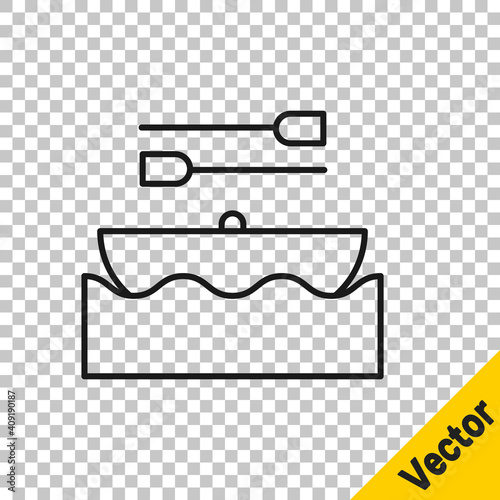 Black line Boat with oars icon isolated on transparent background. Water sports, extreme sports, holiday, vacation, team building. Vector.