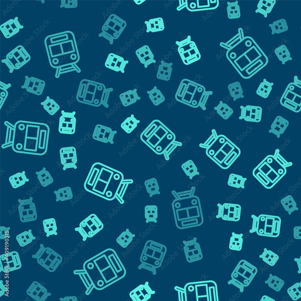 Green line Train and railway icon isolated seamless pattern on blue background. Public transportation symbol. Subway train transport. Metro underground. Vector. Green line Train and railway icon isolated seamless pattern on blue background. Public transportation symbol. Subway train transport. Metro underground. Vector.