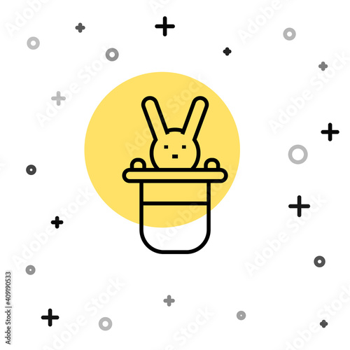 Black line Magician hat and rabbit icon isolated on white background. Magic trick. Mystery entertainment concept. Random dynamic shapes. Vector.