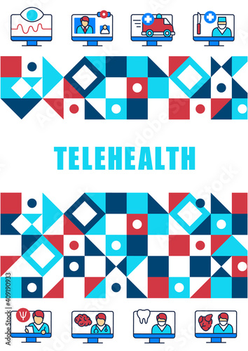 Telemedicine brochure. Virtual medical consultation. Telehealth medical cover design and flyer layout template. Vector illustration with icons for marketing material, ads and magazine, presentation