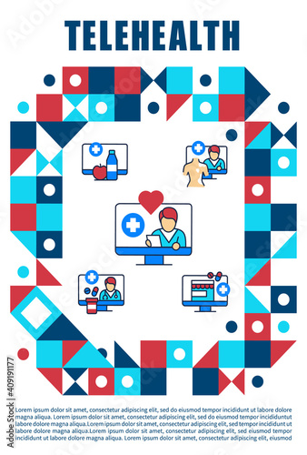 Telehealth medical care brochure. Virtual medical consultation.Telemedicine cover design and flyer layout template.Vector illustration with icons for marketing material, ads and magazine, presentation