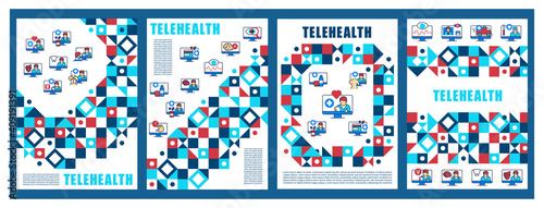Telehealth medical care brochures. Video conference call with doctor. Telemedicine cover design and flyer layout template. Vector illustrations with icons for marketing and magazine, presentations