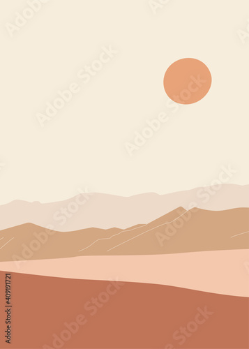 Abstract landscape illustration. Sun, mountains, nature