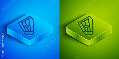 Isometric line Musical instrument kankles icon isolated on blue and green background. Square button. Vector.