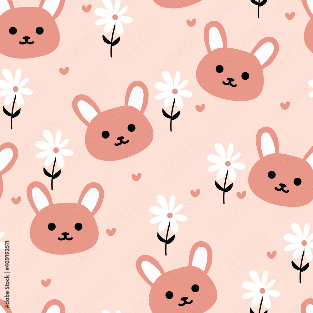 Seamless pattern with cute cartoon bunny and flower for fabric print, textile, gift wrapping paper. colorful vector for kids, flat style