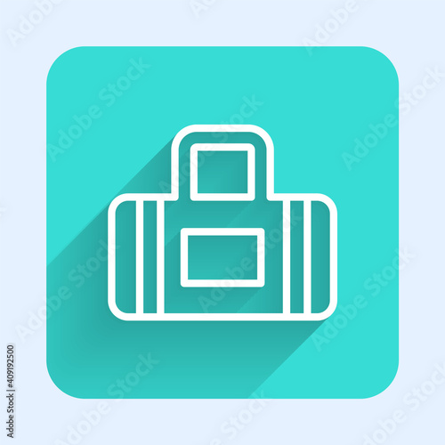 White line Sport bag icon isolated with long shadow. Green square button. Vector.