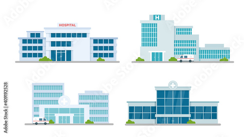 Hospital building medical office vector illustration set. Cartoon modern medicine clinic skyscrapers collection, outdoor facade hospital exterior with ambulance car and big windows isolated on white.
