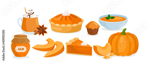 Pumpkin food menu. Cartoon raw and cooked pumpkin dishes collection with vegetable slices and soup, cream pie, jam, hot sweet drink with cinnamon and spices isolated on white.
