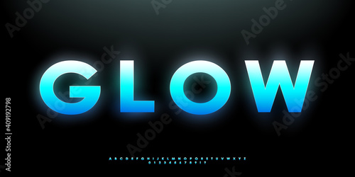 Blue glowing bold font. Futuristic vibrant gradient English letters, numbers, and symbols. Design for title, banner, poster, etc. Vector illustration.