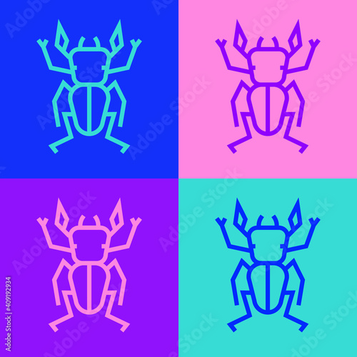 Pop art line Beetle deer icon isolated on color background. Horned beetle. Big insect. Vector.