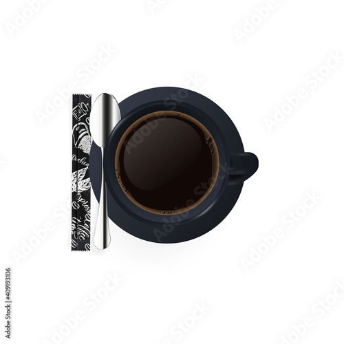 Vector 3d realistic black porcelain ceramic mug, sugar package, coffee with milk, steel silver spoon and saucer isolated. Cappuccino, latte foam. Design template for layout. View from above