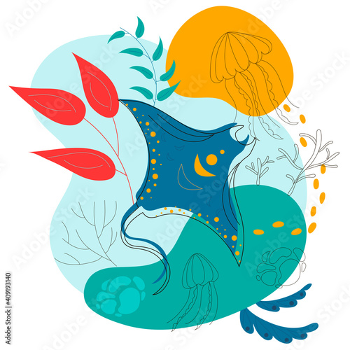 Sea stingray and abstract background. Undersea world. Abstraction. Children's print with a cute turtle. Vector illustration.