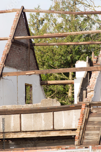 Closeup of the skeleton of the roof of a farm ruin