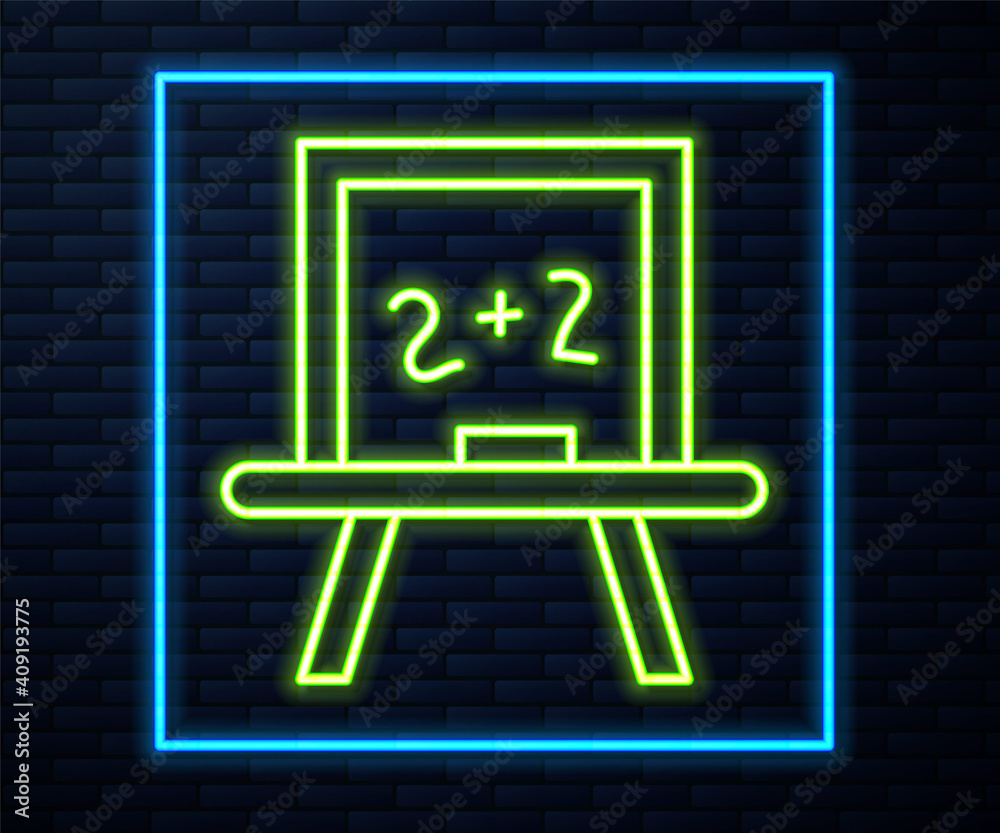Glowing neon line Chalkboard icon isolated on brick wall background. School Blackboard sign. Vector. Glowing neon line Chalkboard icon isolated on brick wall background. School Blackboard sign. Vector.