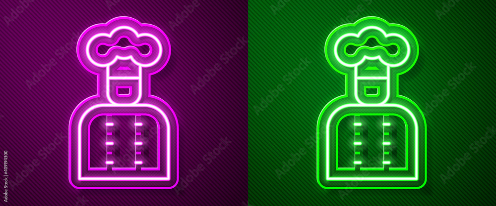 Glowing neon line Italian cook icon isolated on purple and green background. Vector. Glowing neon line Italian cook icon isolated on purple and green background. Vector.