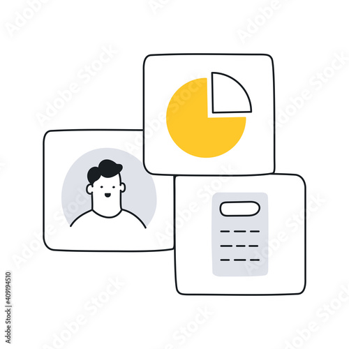 Financial or business analytic set. Businessman profile, pie chart, calculator. Flat thin line vector illustration on white background.