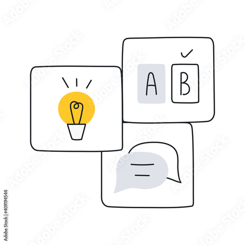 AB testing, hypothesis or interface testing, support, and solution. Internet marketing concept. Flat thin line vector illustration on white.