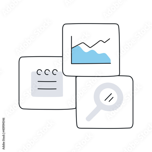 Analysis, marketing icon set with a chart bar, calendar, and loupe. Research, analysis, planning signs. Widget from three thin line vector icons on white