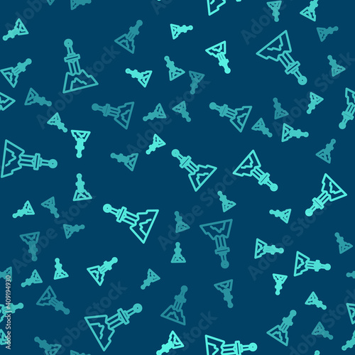 Green line Sword in the stone icon isolated seamless pattern on blue background. Excalibur the sword in the stone from the Arthurian legends. Vector.