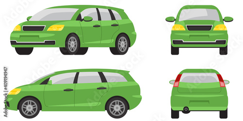 Fototapeta Naklejka Na Ścianę i Meble -  Minivan in different angles. Green automobile in cartoon style.