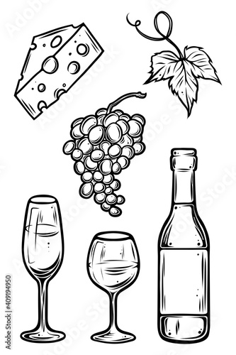 Wine set, hand drawn monochrome vector