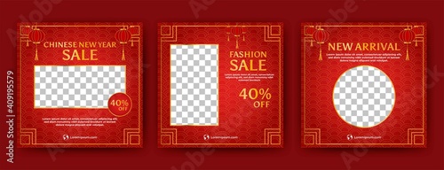 Set of Editable square banner template. Chinese new year social media post template with lantern decoration. Flat design vector with photo collage. Usable for social media, banner and web internet ads