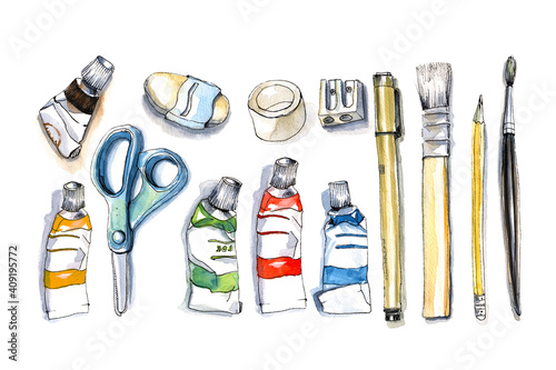 Watercolor art tools set. Sketch style isolated on a white background.