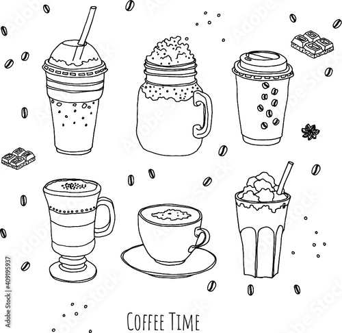 Coffee time set. Line art. Doodle style. Hand draw vector illustration. Concept coffee menu.