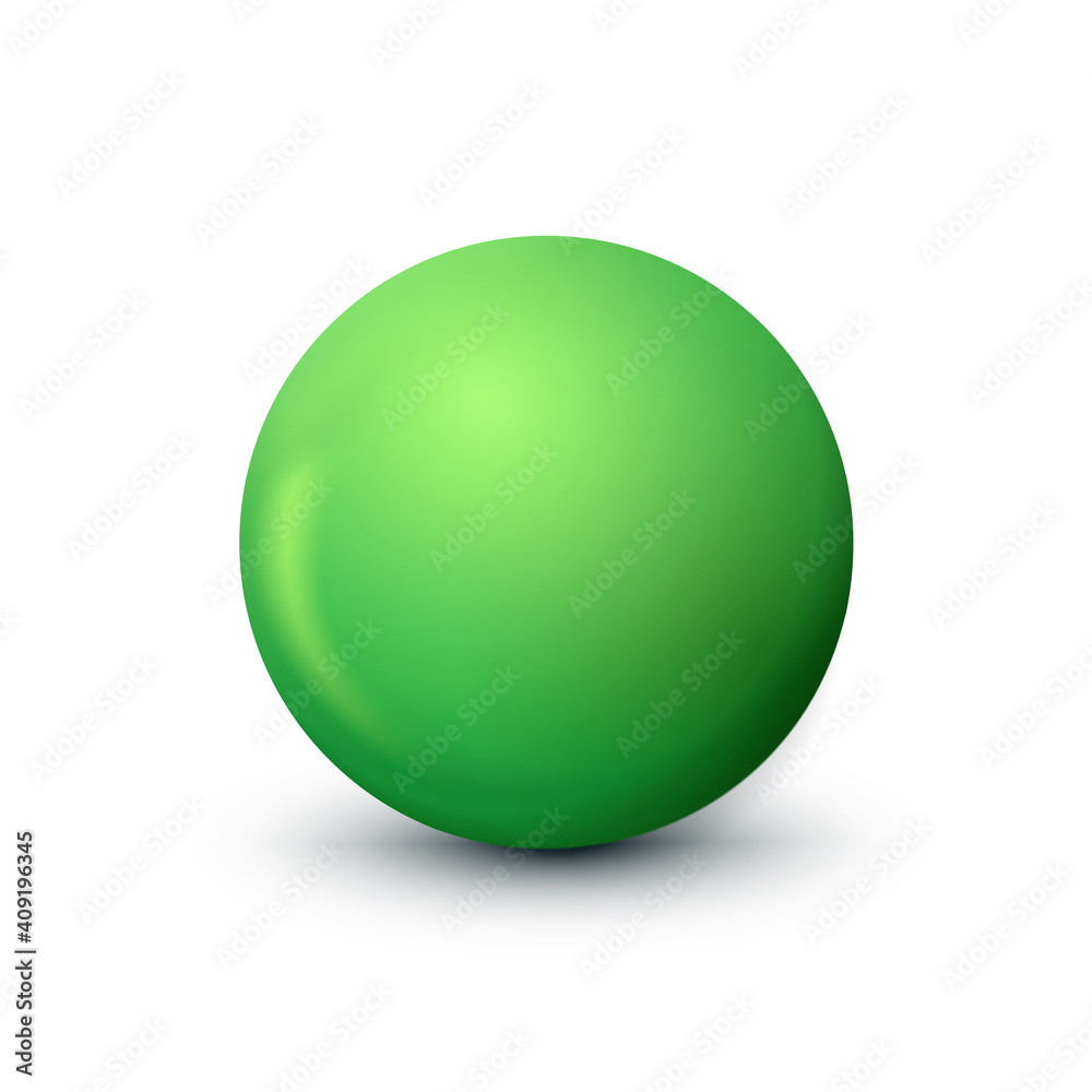 Green sphere, ball fashionable classic verdant color. Matt mock up of clean realistic orb, icon. Geometric simple shape design, figure circle form. Isolated on white background, vector illustration.