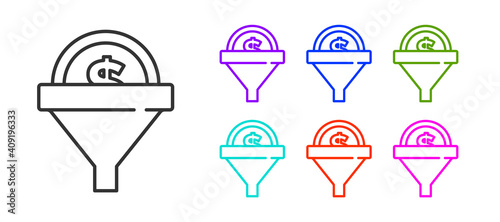 Black line Lead management icon isolated on white background. Funnel with money. Target client business concept. Set icons colorful. Vector.
