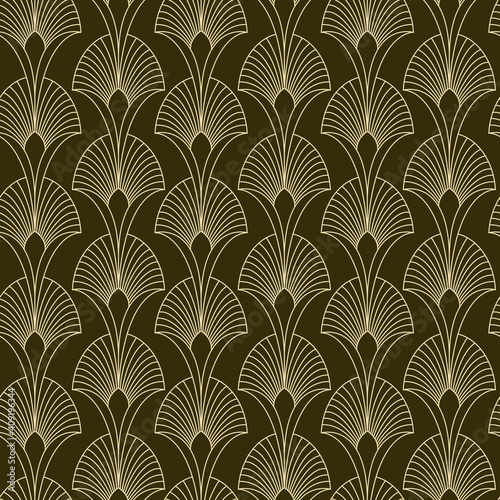 Seamless golden floral Art Deco Art Nouveau pattern with Geometric overlapping decorative leaves, arc or shell texture. Retro stylish vector background